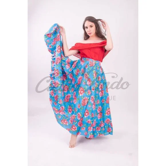 Mexican Folklorico Practice Skirt Floral Turquoise - Picture 2 of 6